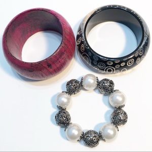 Bundle of Three Chunky Bangle Bracelets One Wooden One Lucite One Strung Beads